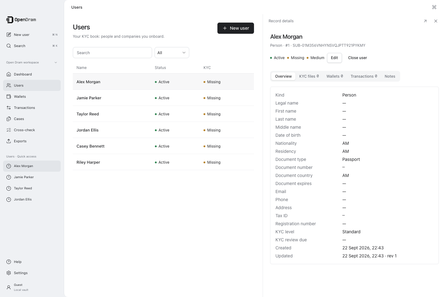 Open Dram desktop app in English, showing an example users workspace
